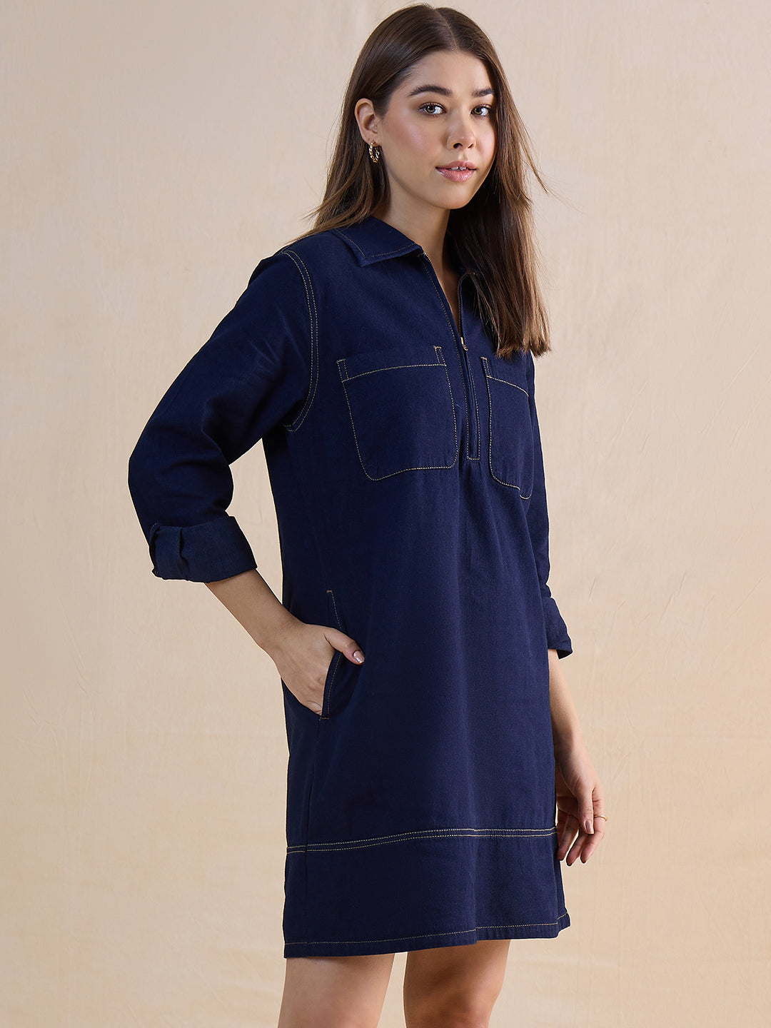 Navy Blue Half Zip-Up Denim Dress