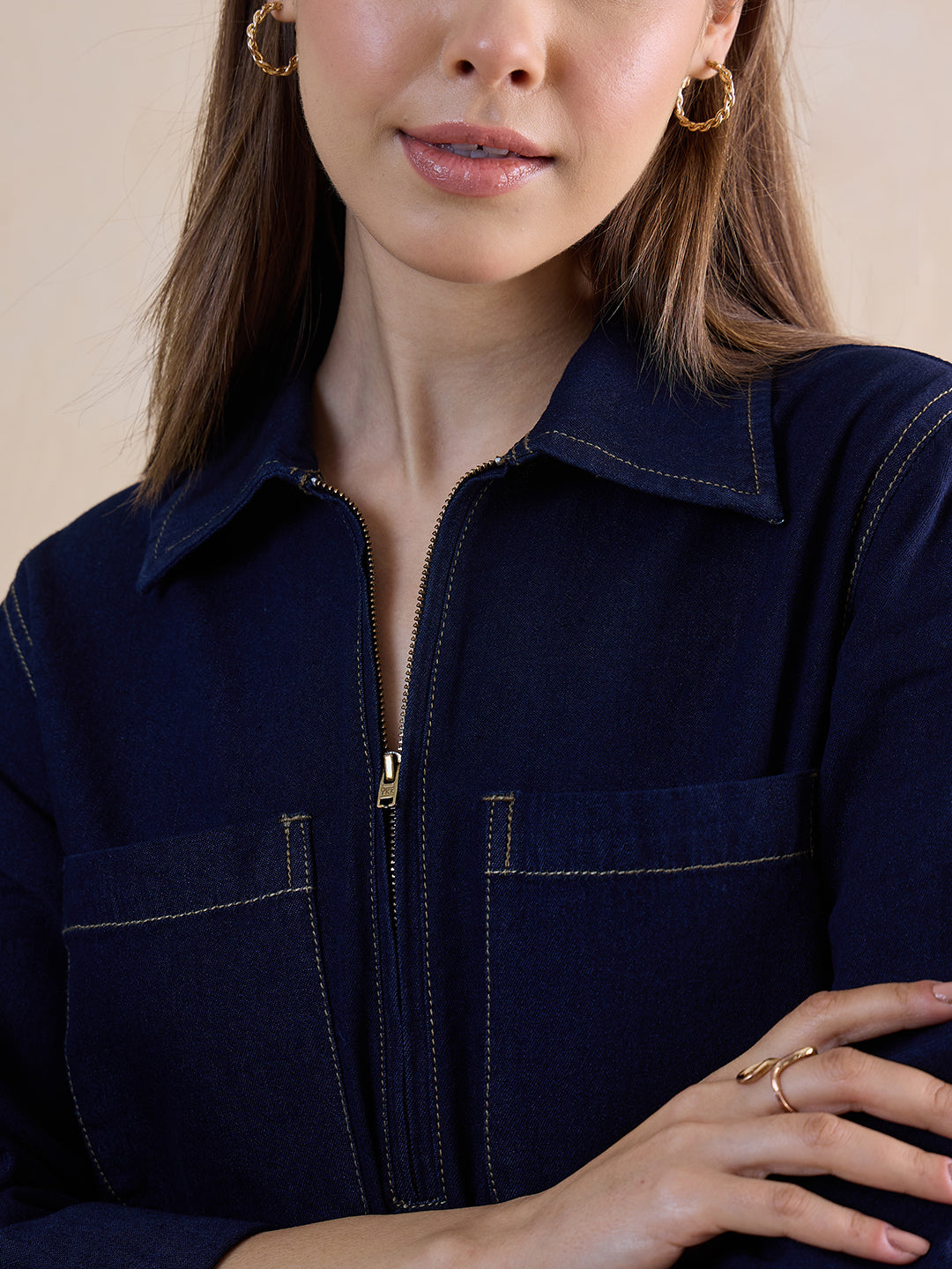 Navy Blue Half Zip-Up Denim Dress