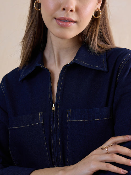 DenimClassic Blue Half Zip-Up Dress