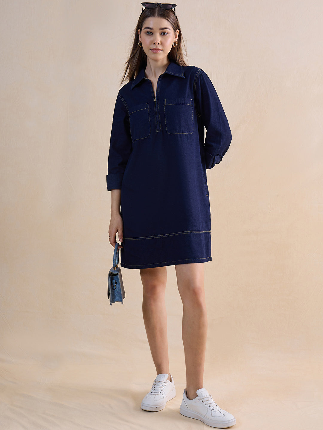 Navy Blue Half Zip-Up Denim Dress