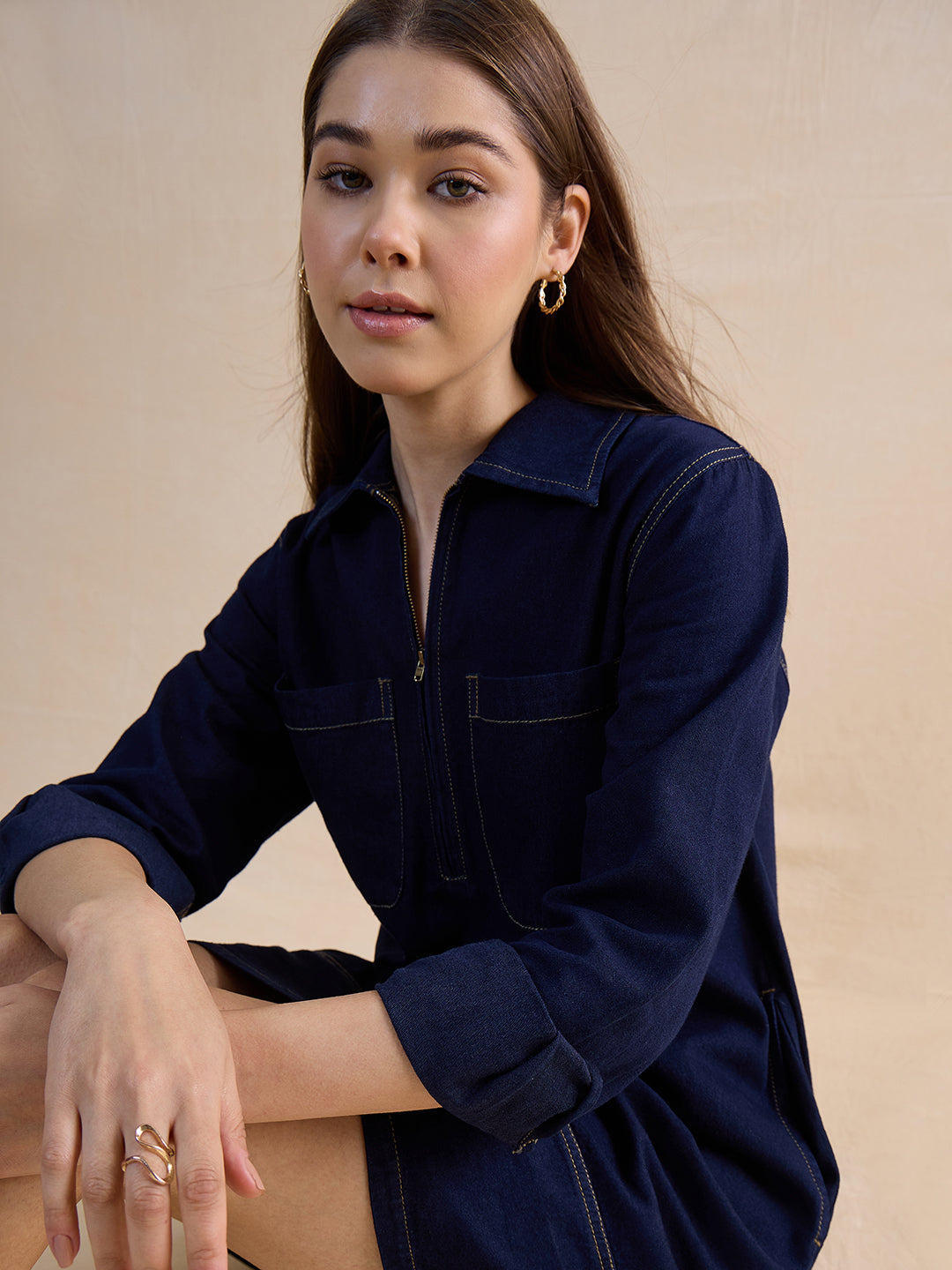 Navy Blue Half Zip-Up Denim Dress