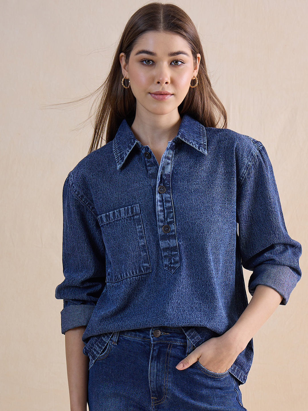 Blue Half Buttoned Denim Top