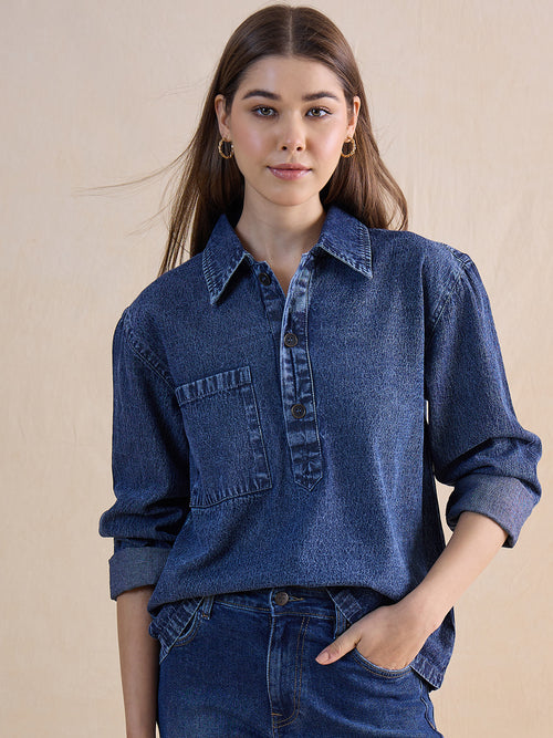Blue Half Buttoned Denim Top