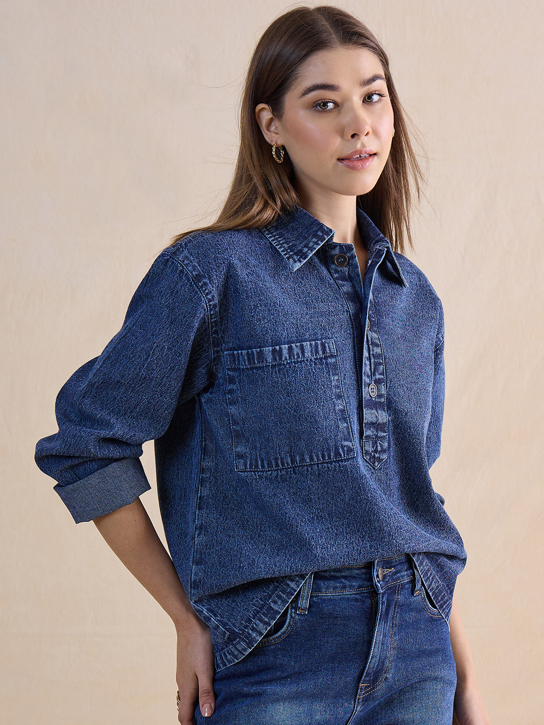 Blue Half Buttoned Denim Top