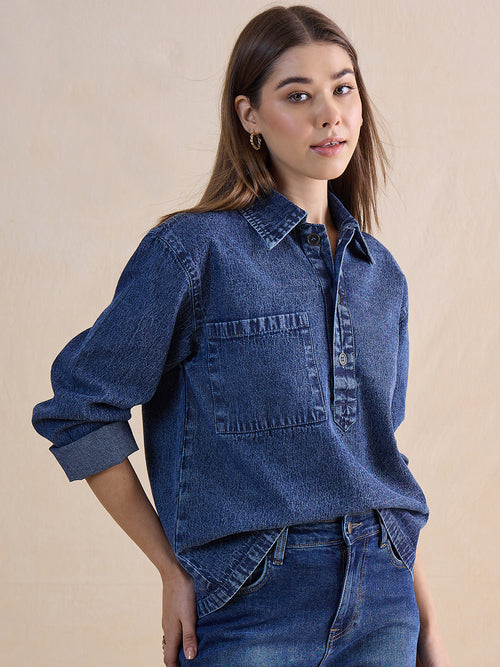 Blue Half Buttoned Denim Top