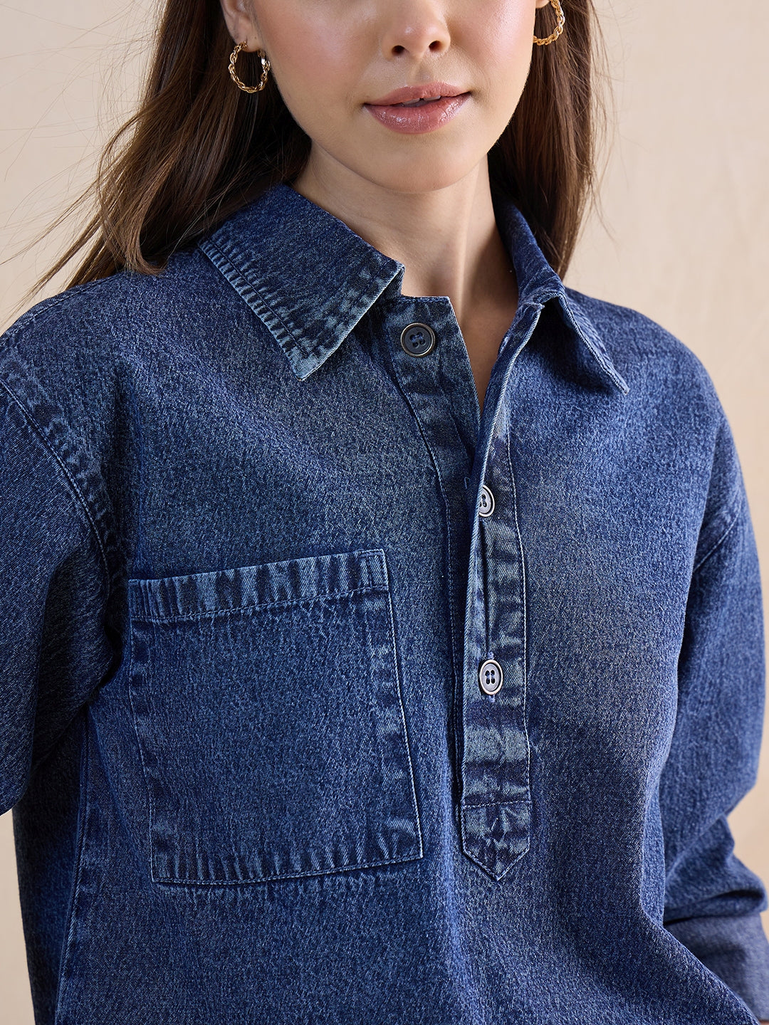 Blue Half Buttoned Denim Top