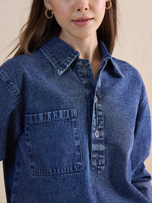 Blue Half Buttoned Denim Top