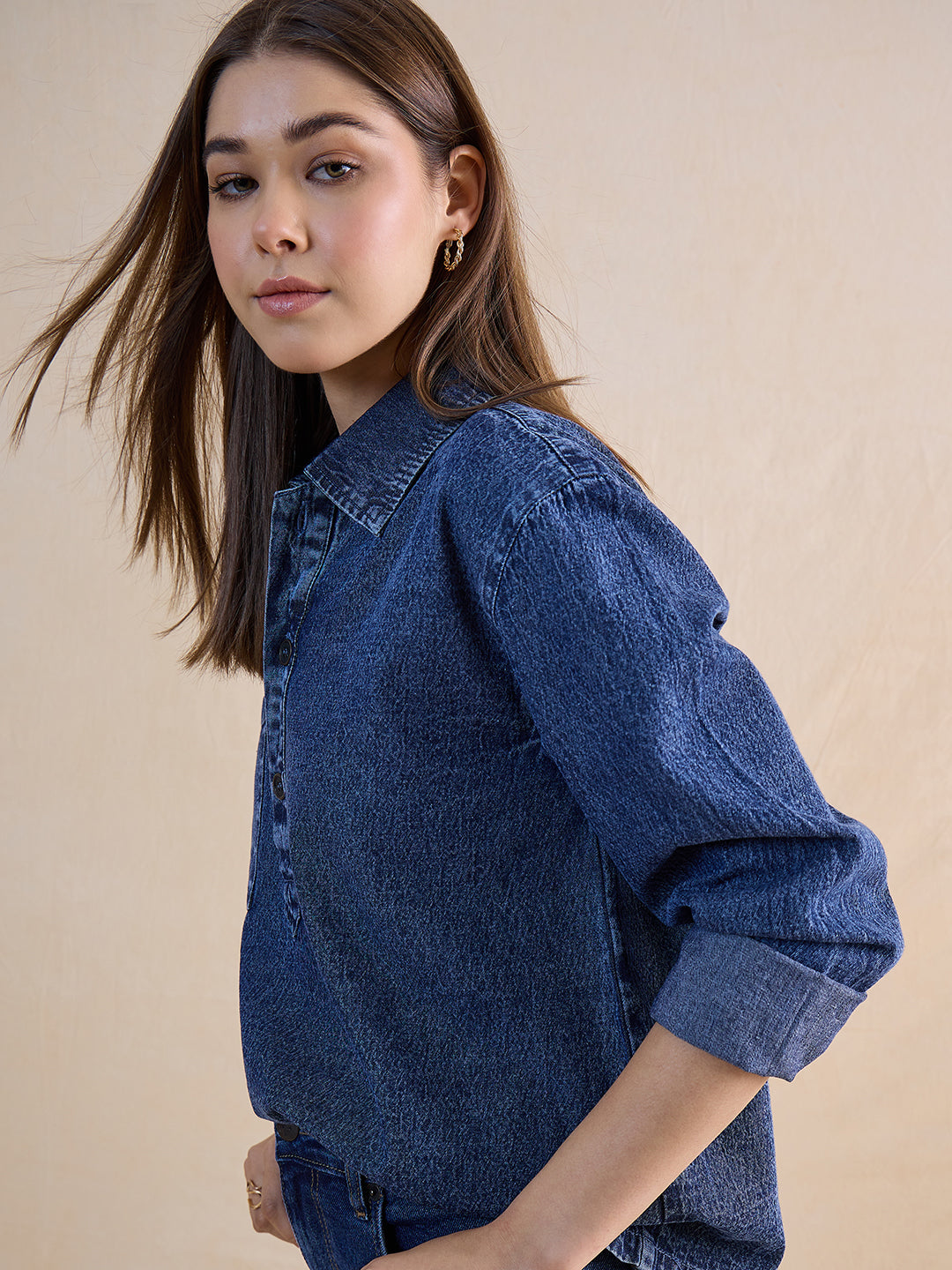 Blue Half Buttoned Denim Top
