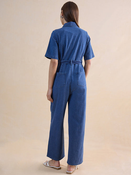 Mid Blue Zip-Up Denim Jumpsuit