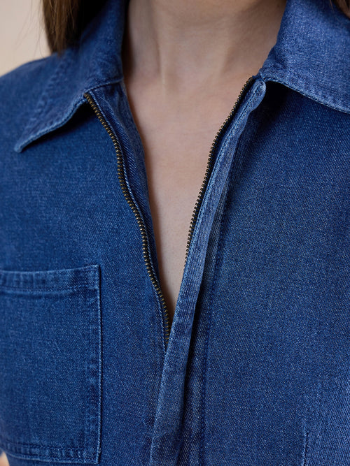 Mid Blue Zip-Up Denim Jumpsuit