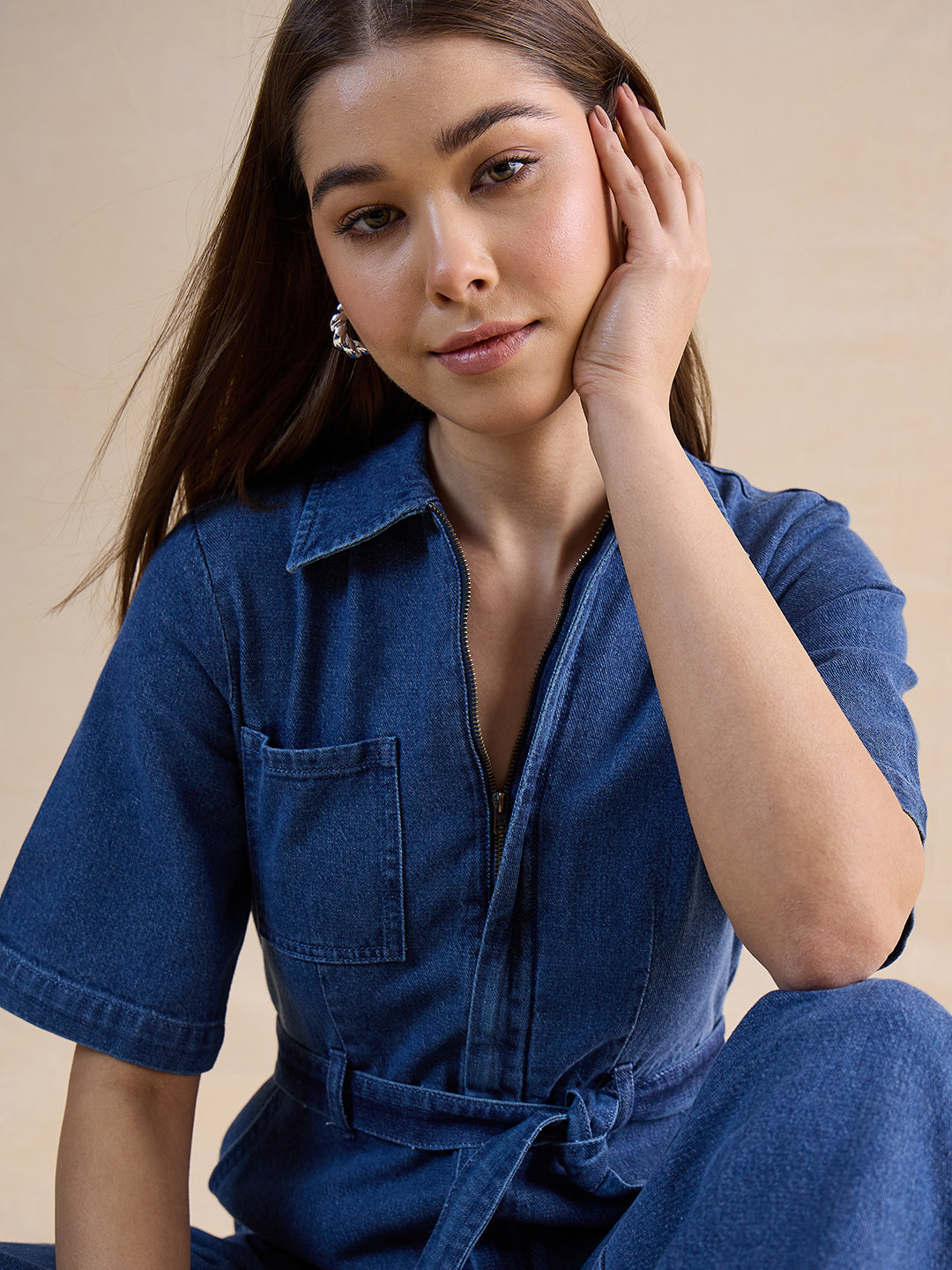 Mid Blue Zip-Up Denim Jumpsuit