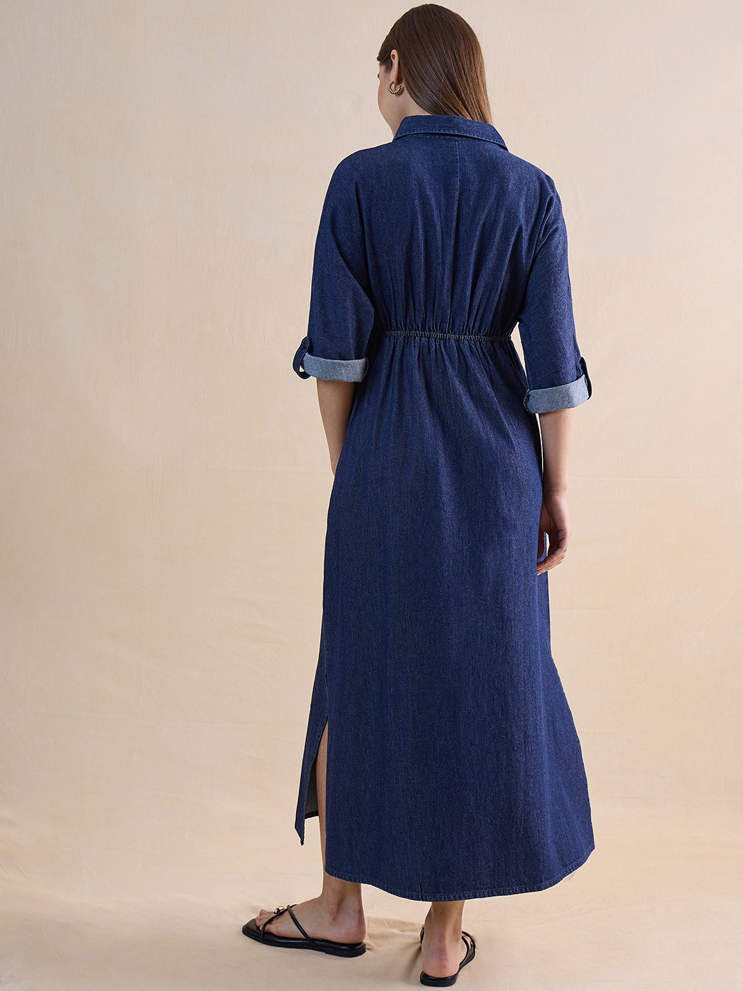 Navy Blue Shirt Denim Maxi Dress