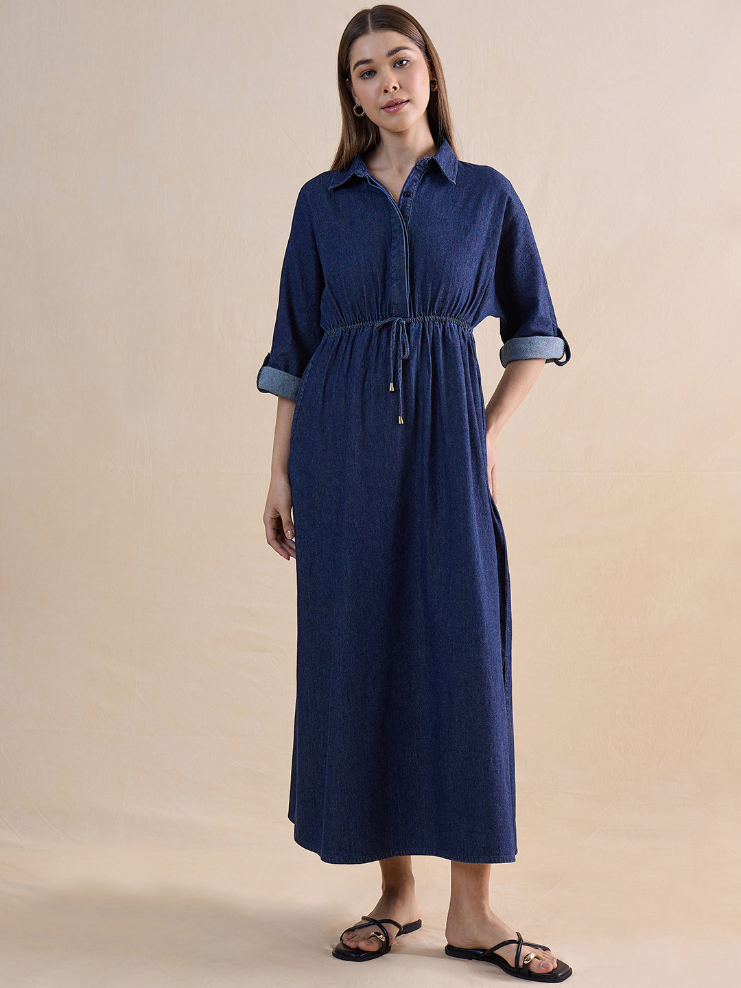 Navy Blue Shirt Denim Maxi Dress