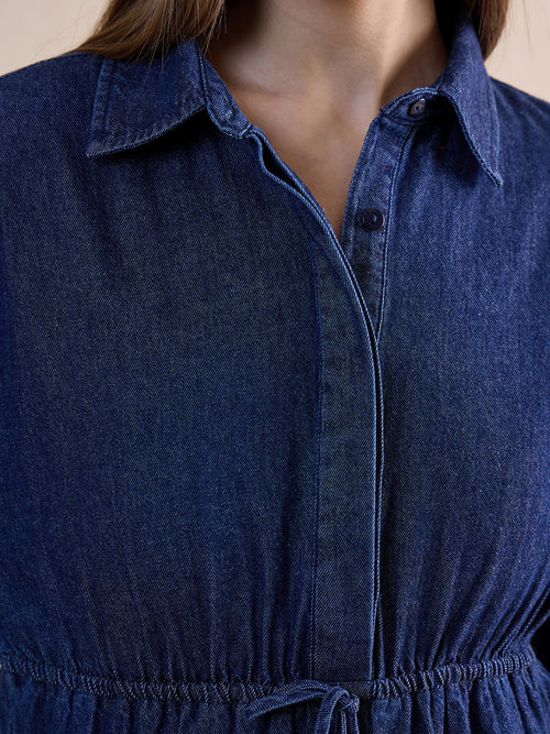 Navy Blue Shirt Denim Maxi Dress