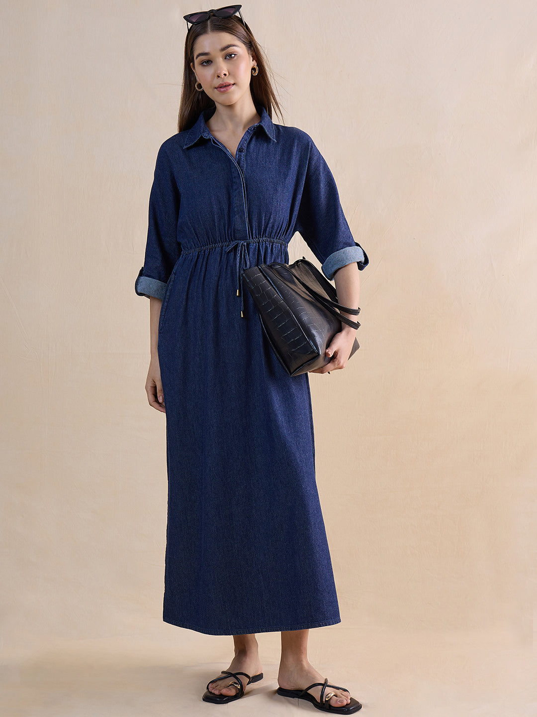Navy Blue Shirt Denim Maxi Dress