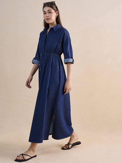 Navy Blue Shirt Denim Maxi Dress