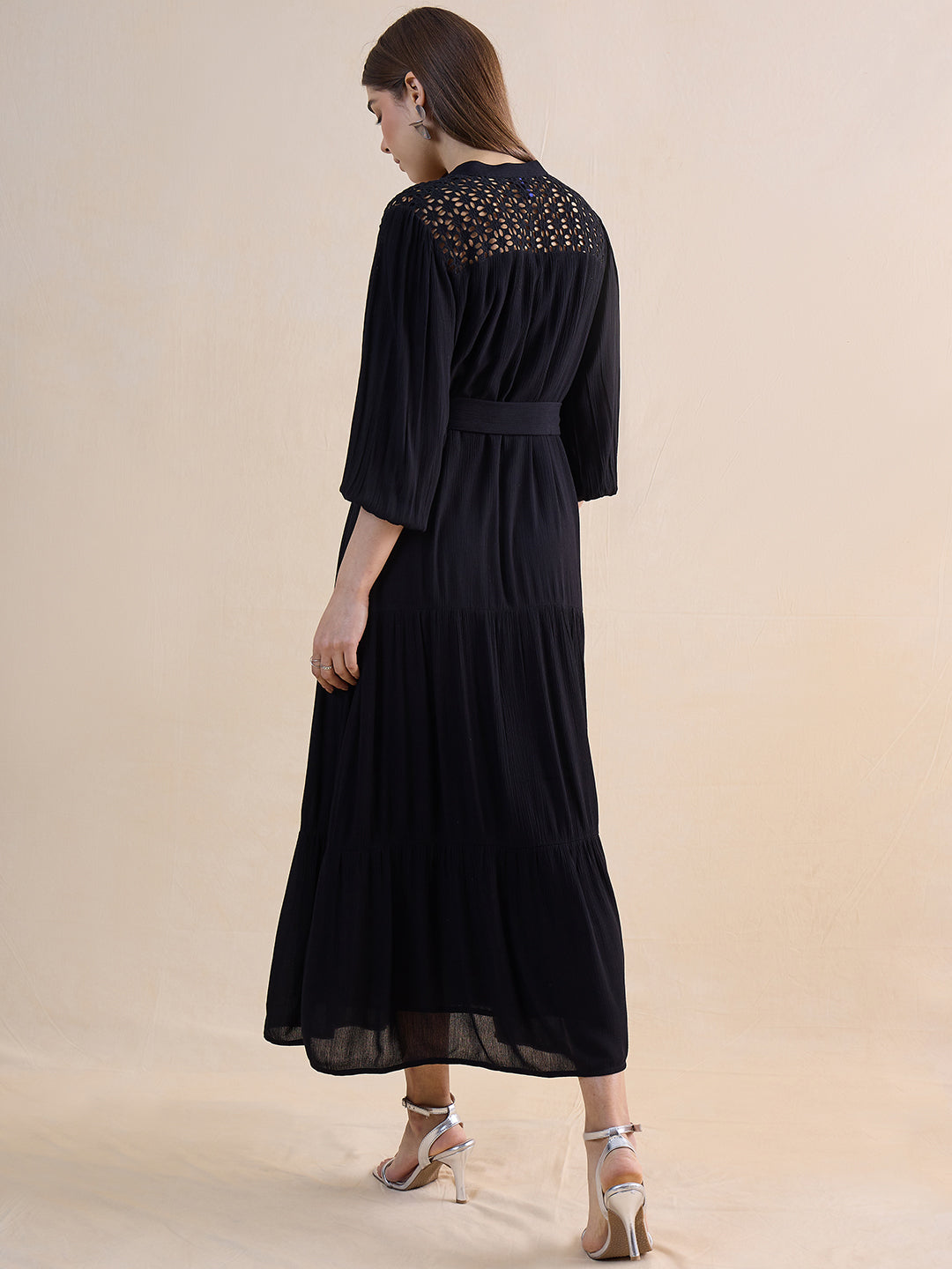 Black Schiffli Tiered Maxi Dress