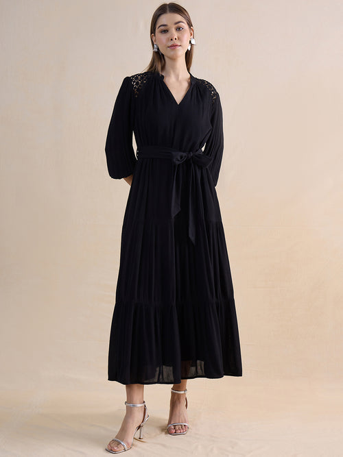 Black Schiffli Tiered Maxi Dress