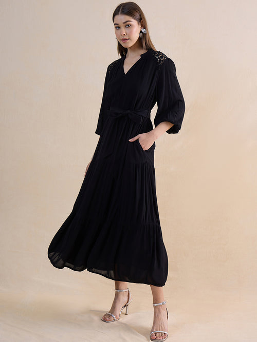 Black Schiffli Tiered Maxi Dress
