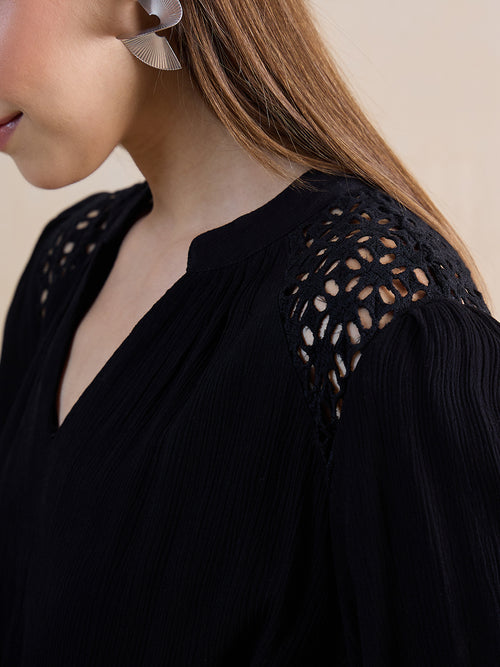 Black Schiffli Tiered Maxi Dress