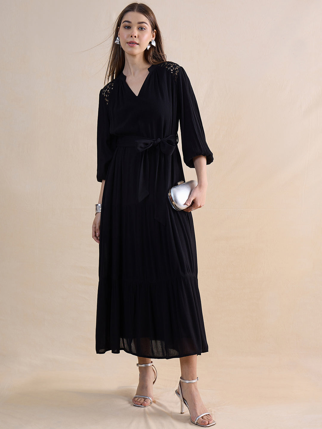 Black Schiffli Tiered Maxi Dress