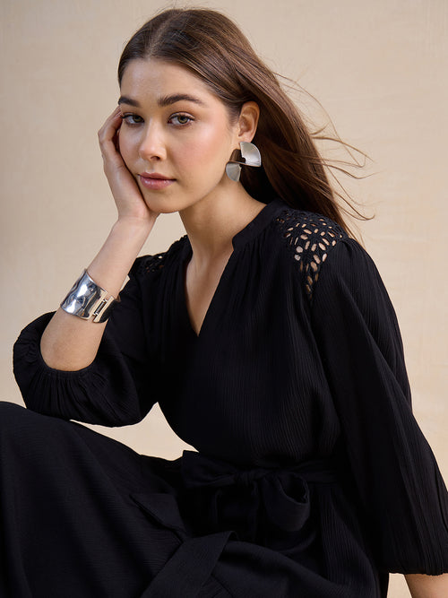 Black Schiffli Tiered Maxi Dress