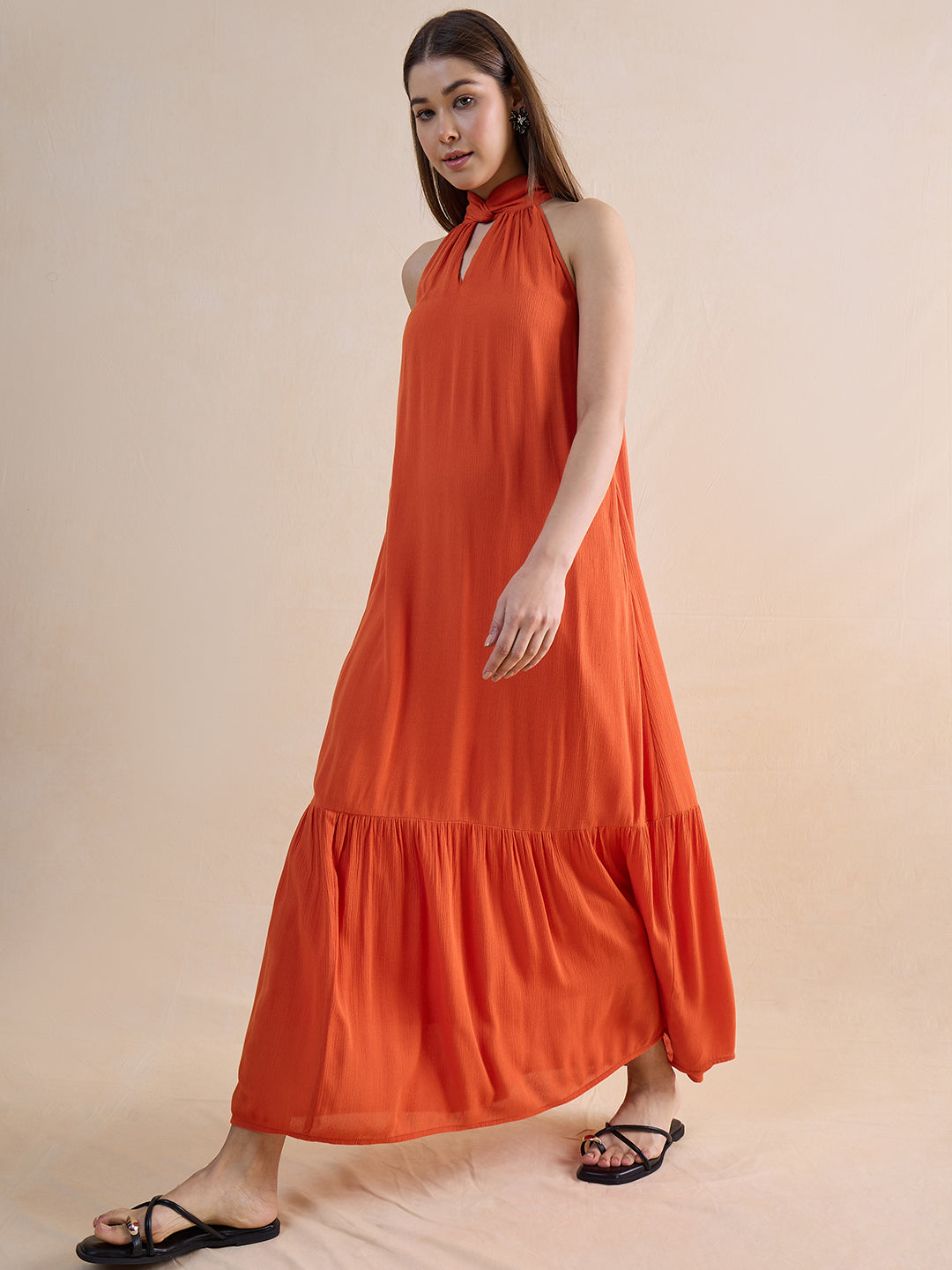 Orange Crinckled Halter Neck Maxi Dress