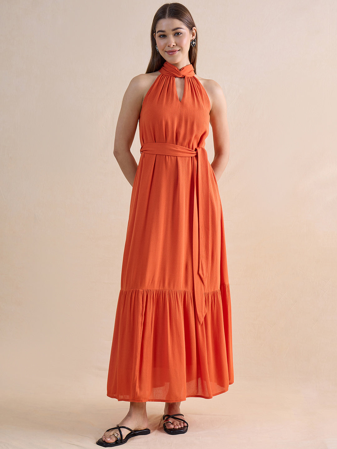Orange Crinckled Halter Neck Maxi Dress