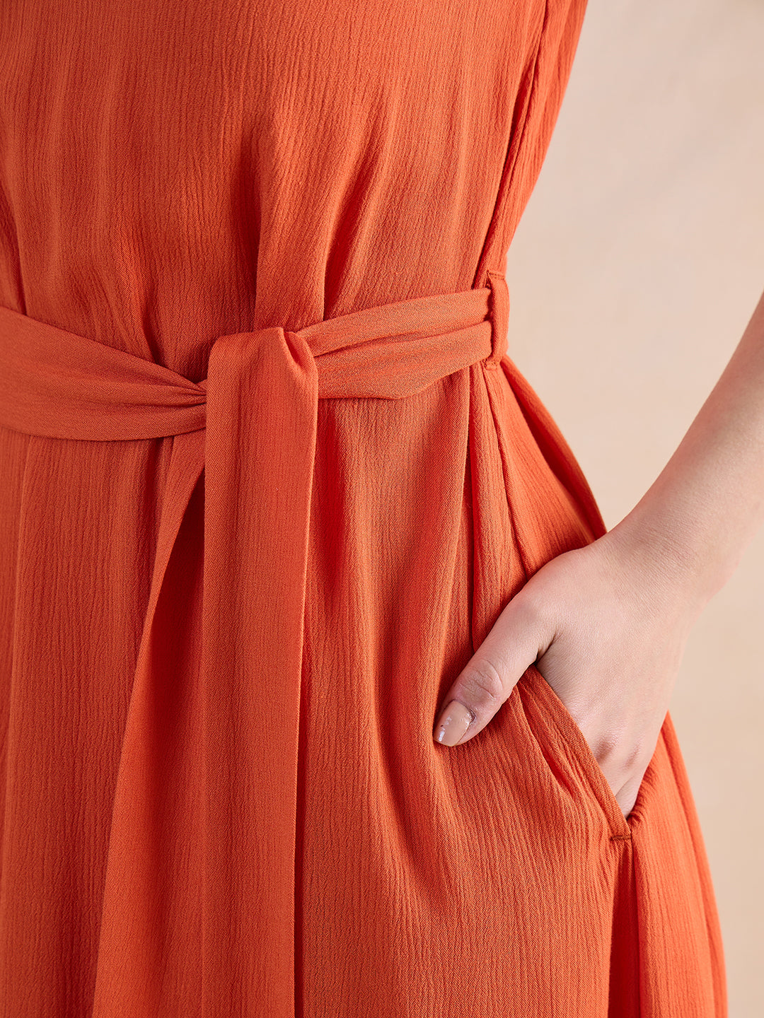 Orange Crinckled Halter Neck Maxi Dress