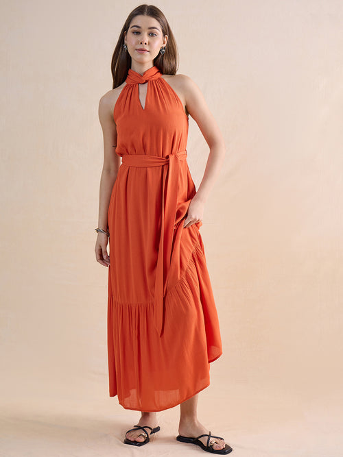 Orange Crinckled Halter Neck Maxi Dress