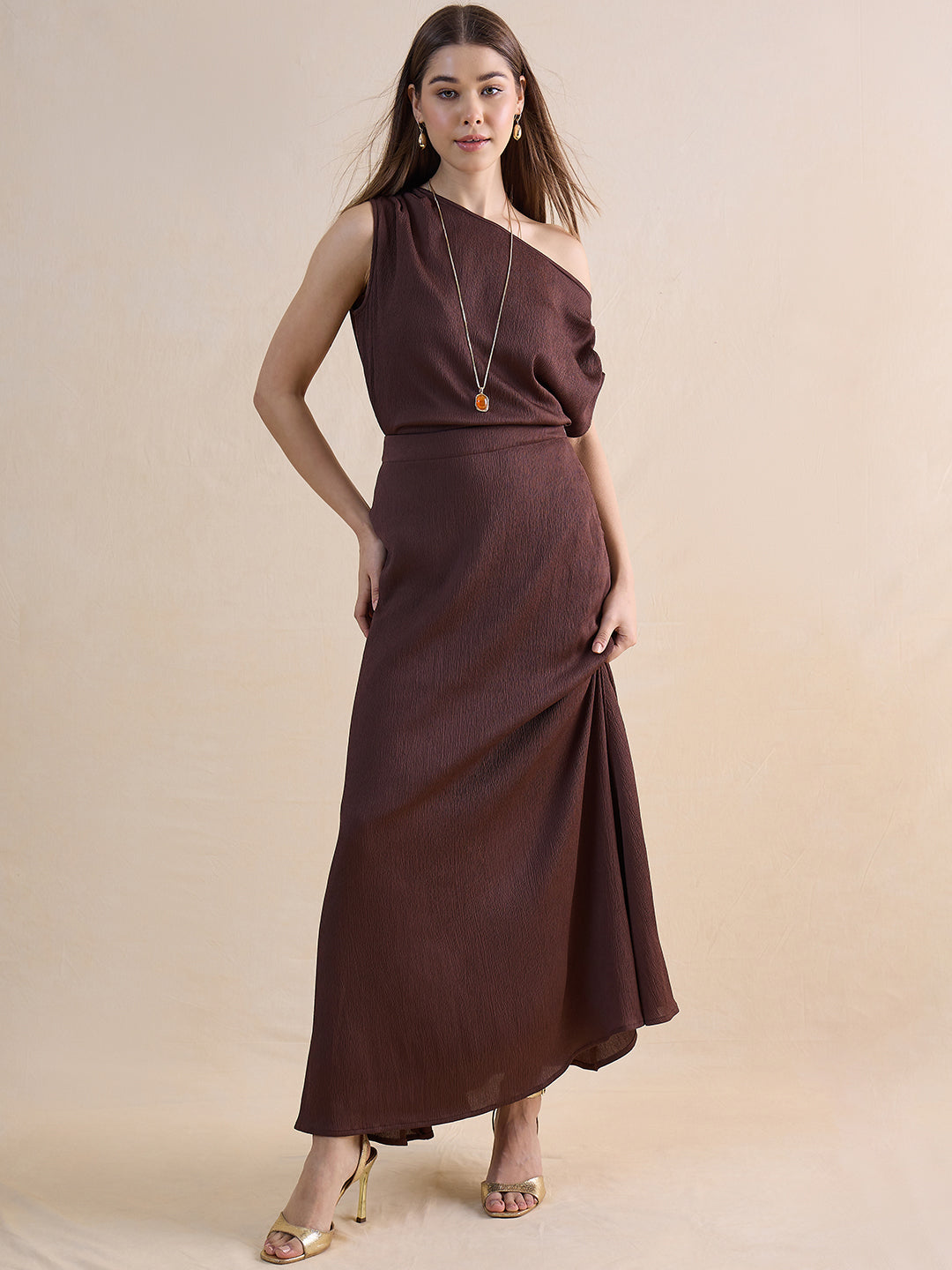 Coffee Brown One Shoulder Skirt Co-Ord