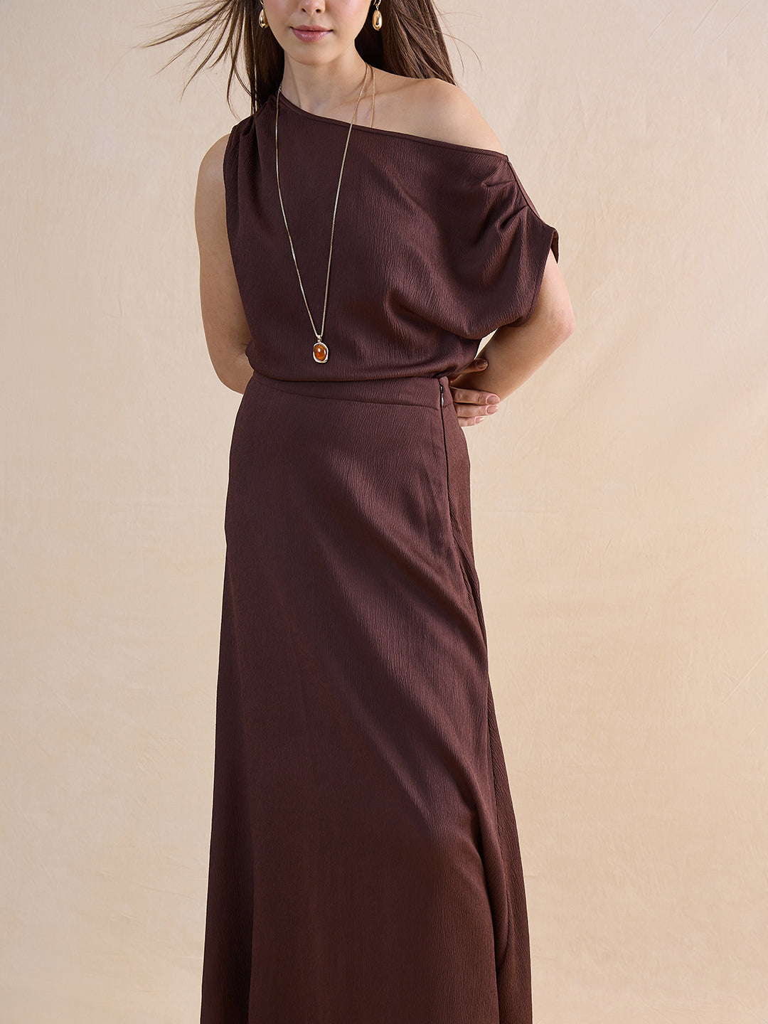 Coffee Brown One Shoulder Skirt Co-Ord