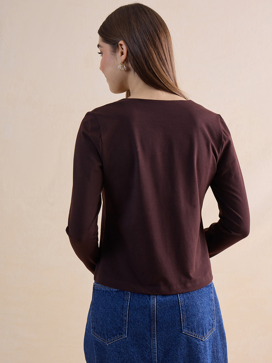 Coffee Brown Knit Square Neck Top