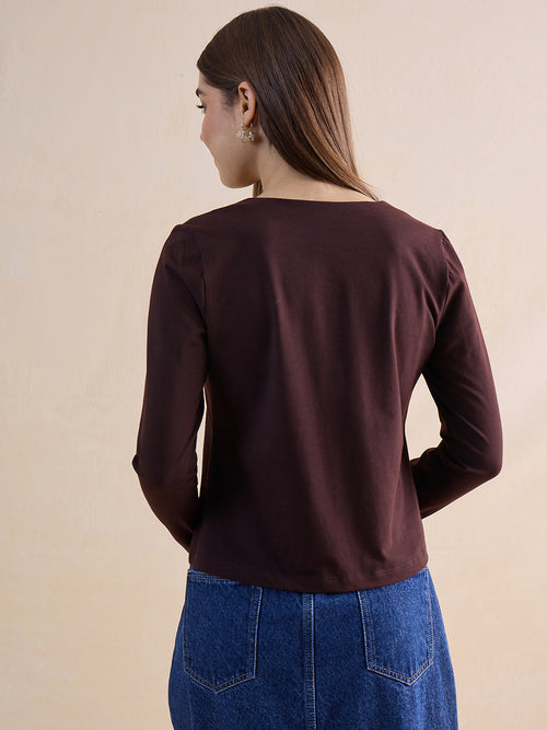 Coffee Brown Knit Square Neck Top
