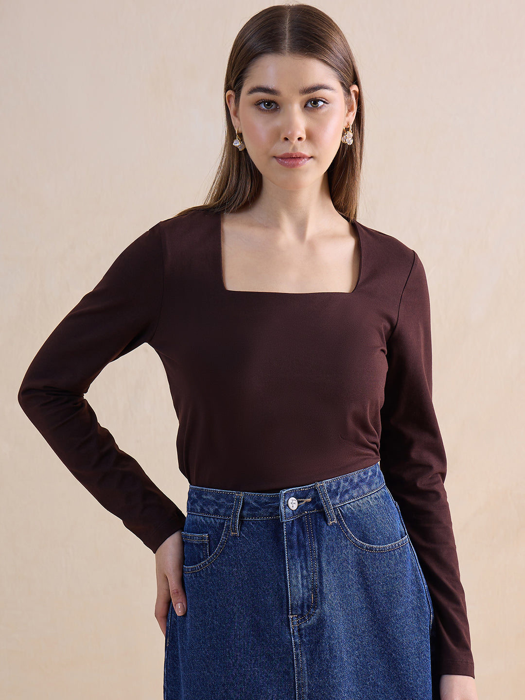 Coffee Brown Knit Square Neck Top