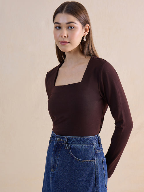 Coffee Brown Knit Square Neck Top