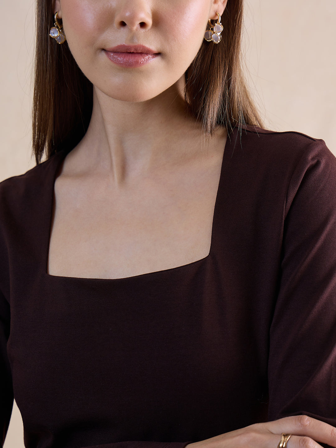 Coffee Brown Knit Square Neck Top