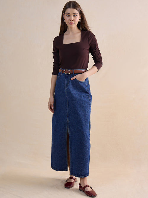 Coffee Brown Knit Square Neck Top