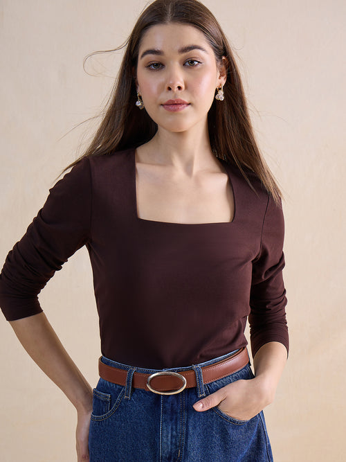 Coffee Brown Knit Square Neck Top