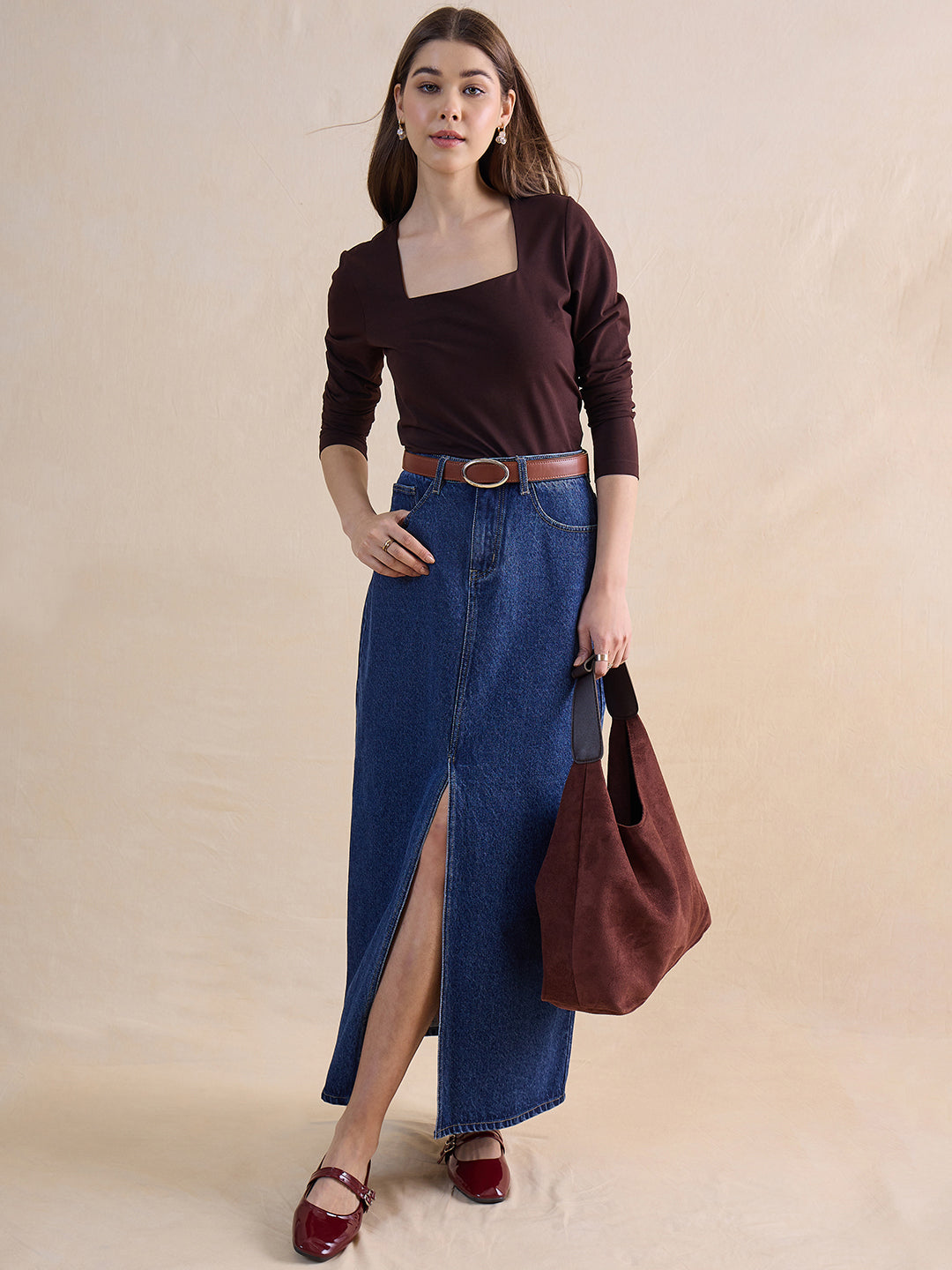 DenimClassic Navy Front Slit Maxi Skirt