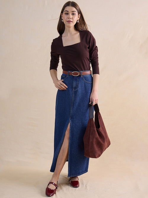 Navy Blue Front Slit Maxi Skirt