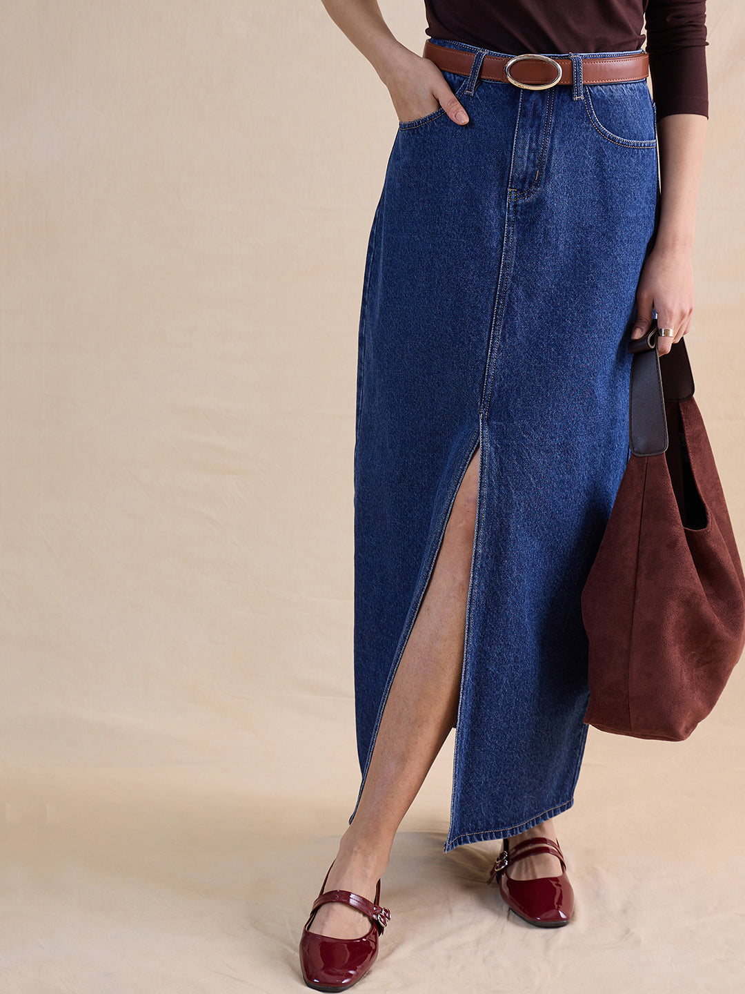Navy Blue Front Slit Maxi Skirt