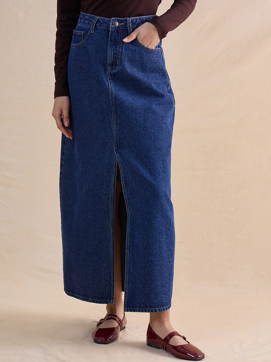 DenimClassic Navy Front Slit Maxi Skirt