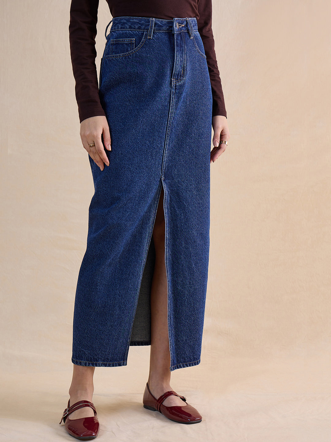 DenimClassic Navy Front Slit Maxi Skirt