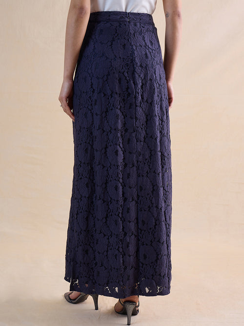 Navy Lace Slit Detail Maxi Skirt