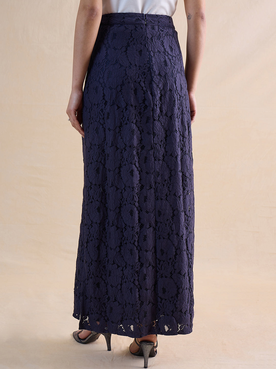 Navy Lace Slit Detail Maxi Skirt