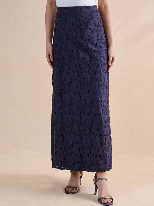 Navy Lace Slit Detail Maxi Skirt