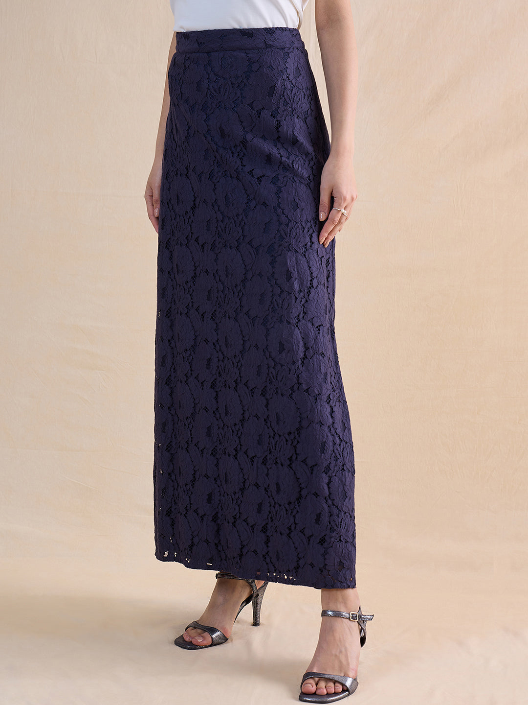 Navy Lace Slit Detail Maxi Skirt