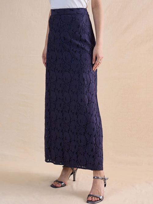 Navy Lace Slit Detail Maxi Skirt