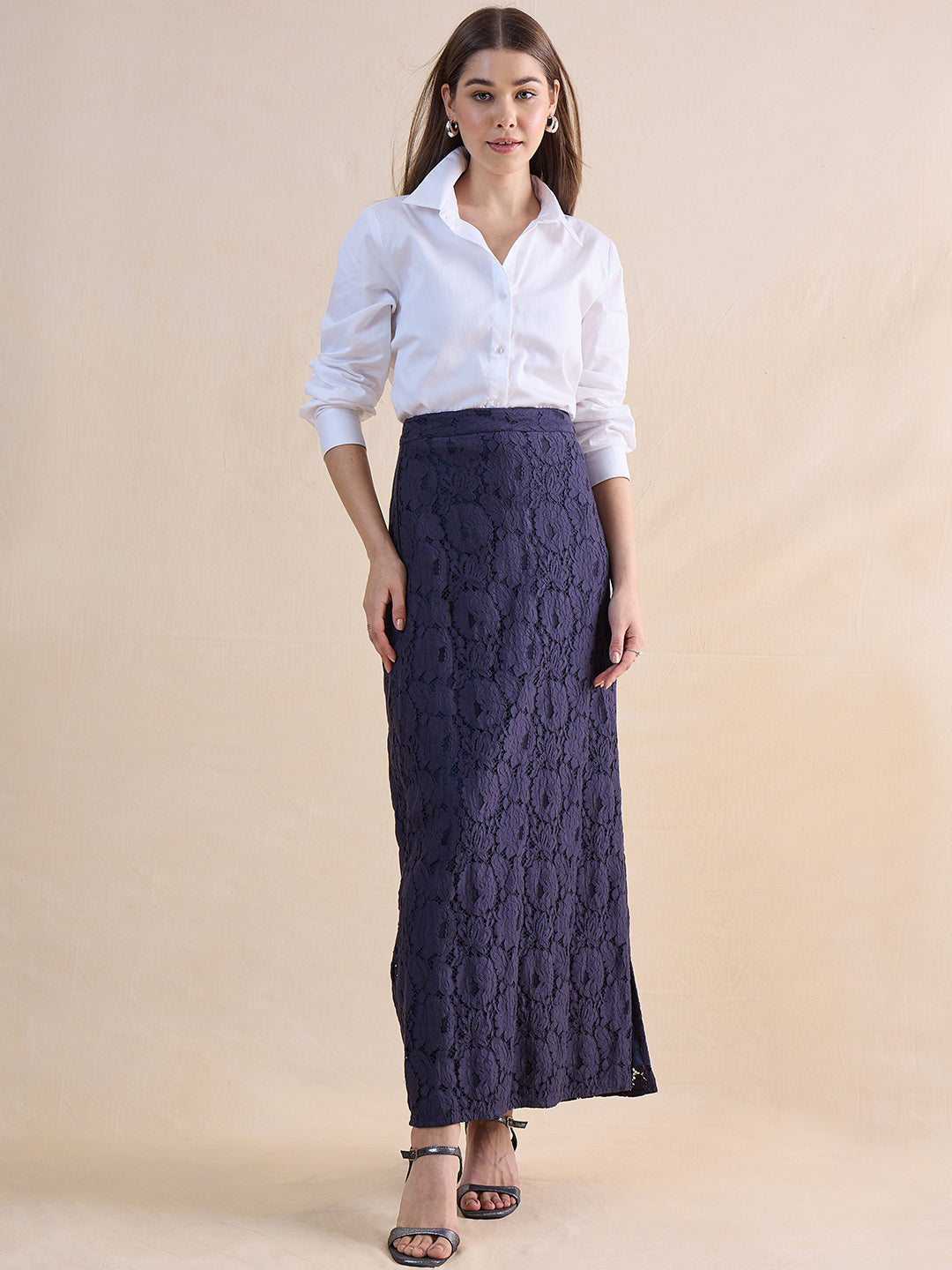 Navy Lace Slit Detail Maxi Skirt
